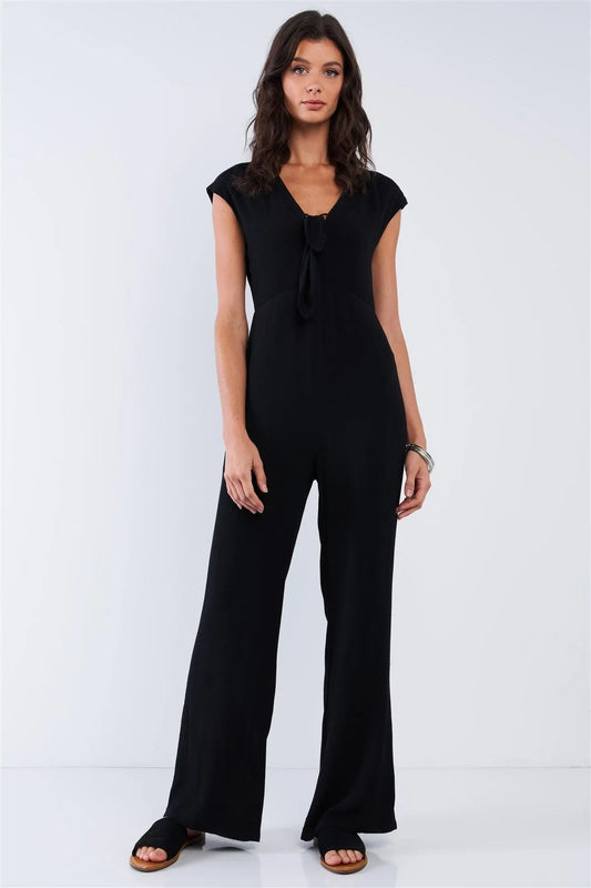 Elegant Sleeveless V-Neck Bow Tie Wide Leg Jumpsuit /1-2-2 - Tasha Apparel Wholesale