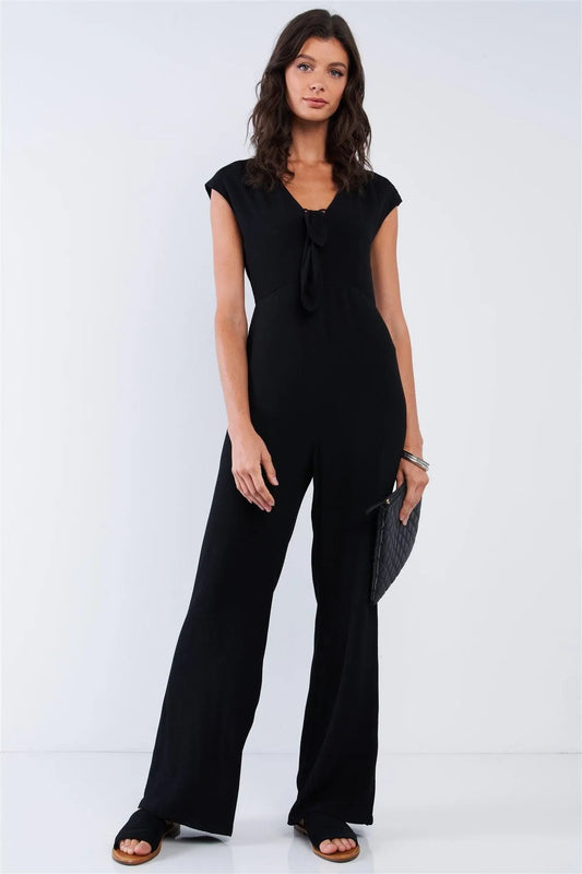Elegant Sleeveless V-Neck Bow Tie Wide Leg Jumpsuit /1-2-2-1 - Tasha Apparel Wholesale