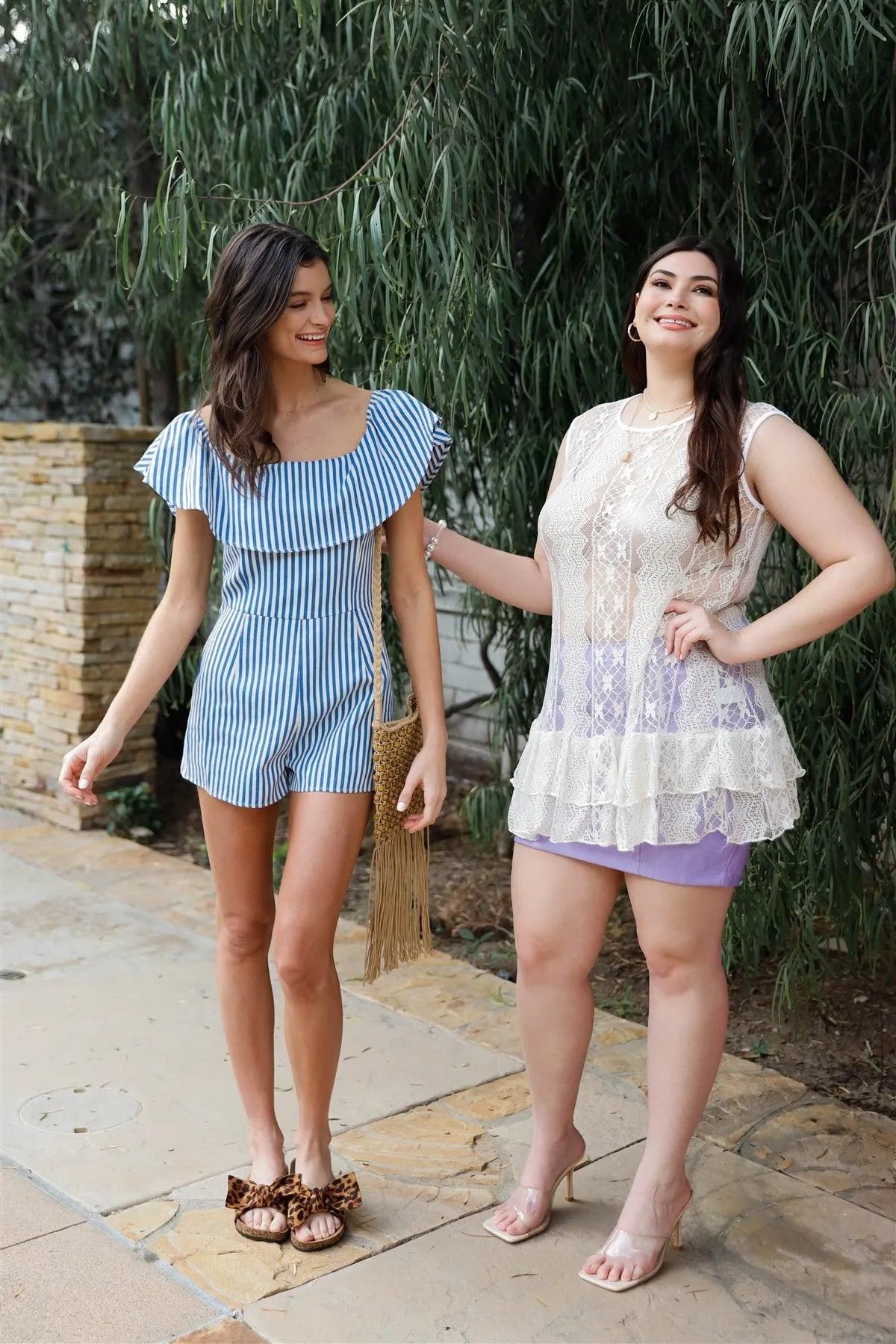 Cream & Blue Striped Cotton Ruffle Collar Romper /1-2-2-1 - Tasha Apparel Wholesale