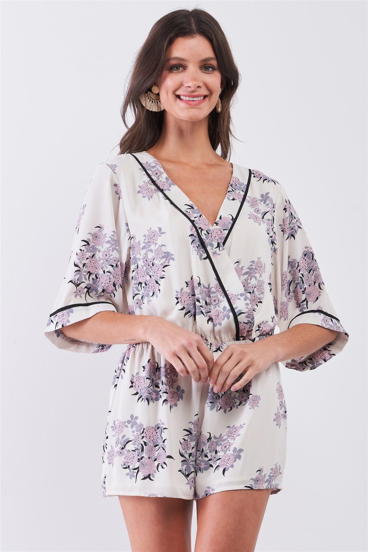 Dahlia Cream & Blush Kimono Inspired Floral Print Wrap Plunging V-Neck Romper /1-2-2-1