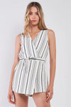 White & Black Pinstriped Sleeveless Wrap Front Self-Tie Waist Romper /1-2-2-2 - Tasha Apparel Wholesale