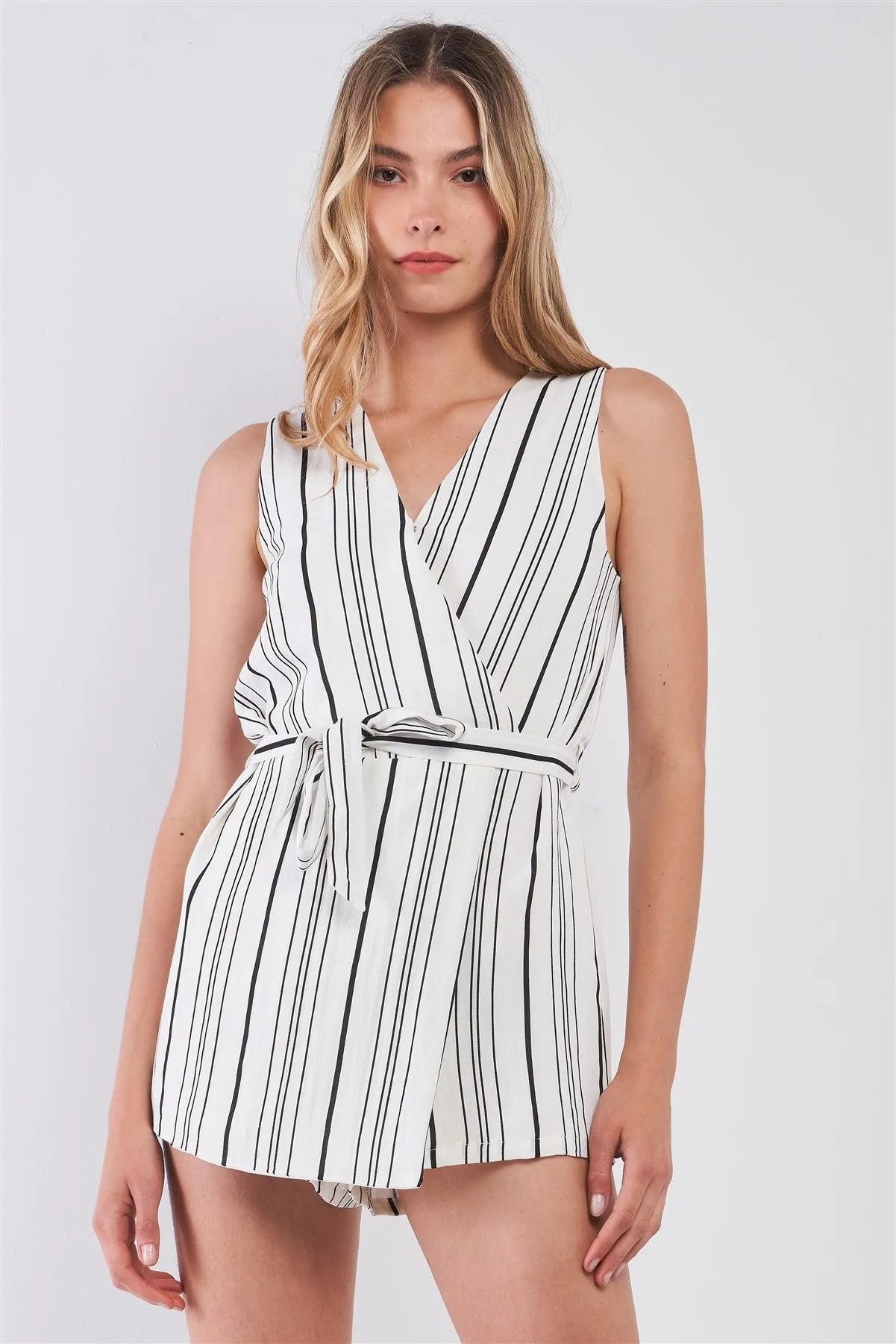 White & Black Pinstriped Sleeveless Wrap Front Self-Tie Waist Romper /1-2-2-2 - Tasha Apparel Wholesale