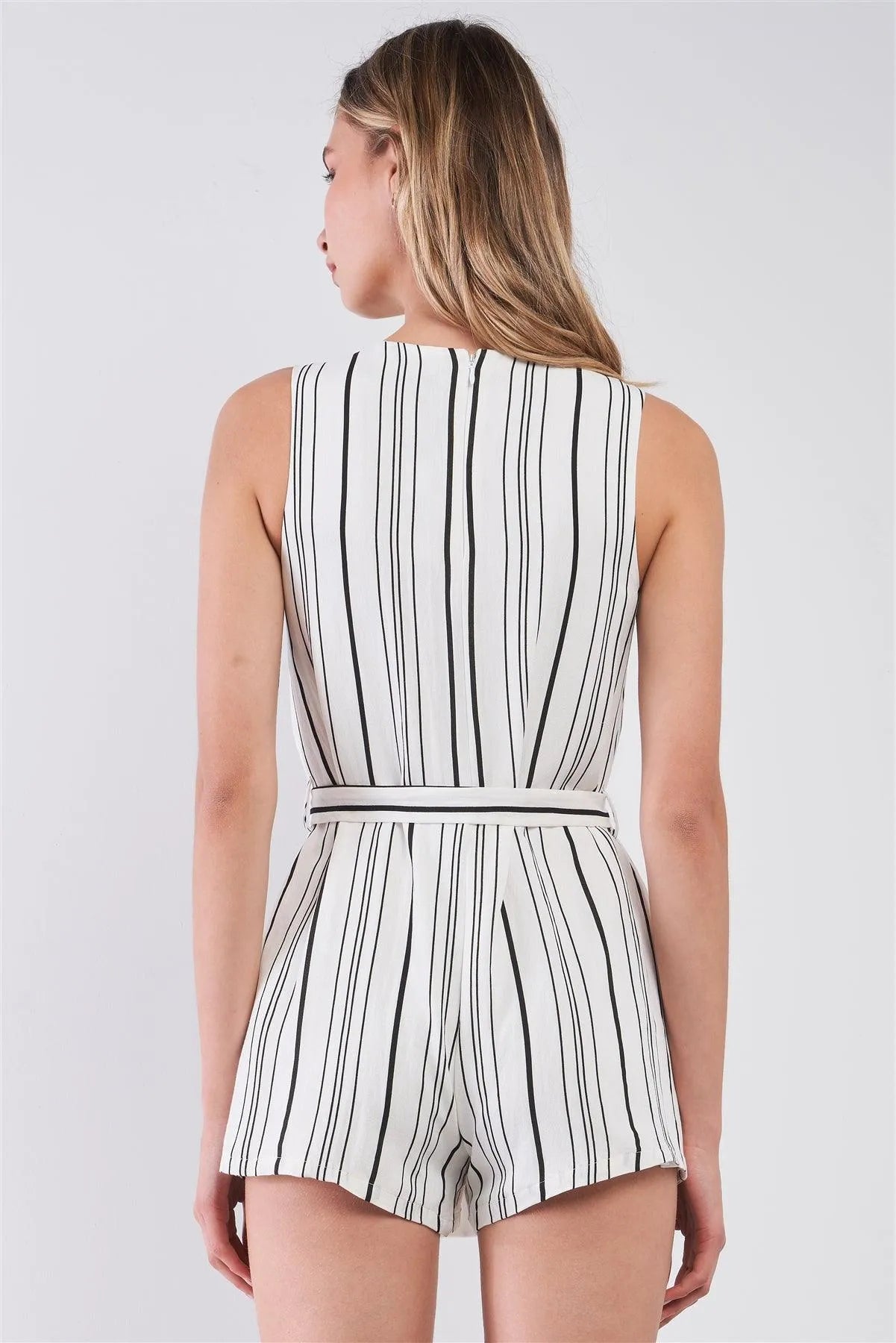 White & Black Pinstriped Sleeveless Wrap Front Self-Tie Waist Romper /1-2-2-2 - Tasha Apparel Wholesale