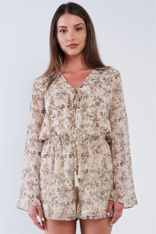 Taupe Floral Multi Color Print Wrap V-Neck Relaxed Fit Long Sleeve Chest Tassel Tip Self Tie Romper /1-2-2-1 - Tasha Apparel Wholesale