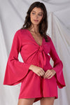 Raspberry Pink Relaxed Fit Front Knot Tie Up V-Neck Bluebell Midi Sleeve Romper /1-2-2-1