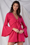 Raspberry Pink Relaxed Fit Front Knot Tie Up V-Neck Bluebell Midi Sleeve Romper /1-2-2-1 - Tasha Apparel Wholesale