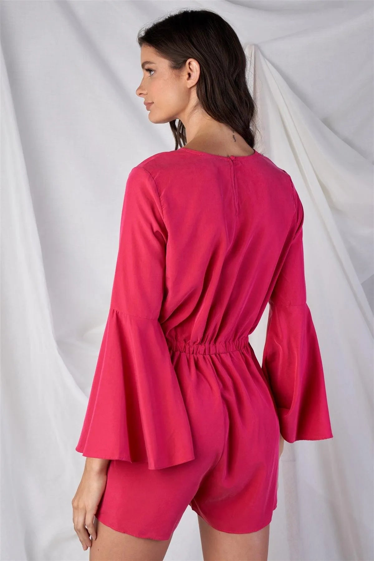 Raspberry Pink Relaxed Fit Front Knot Tie Up V-Neck Bluebell Midi Sleeve Romper /1-2-2-1 - Tasha Apparel Wholesale