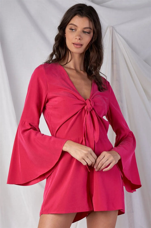 Raspberry Pink Knot Tie Up V-Neck Bell Sleeves Romper - Tasha Apparel Wholesale