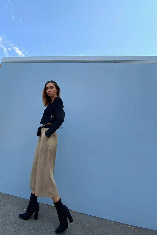 Beige High Waist Self-Tie Belt Detail Flare Capri Pants /1-2-2 - Tasha Apparel Wholesale