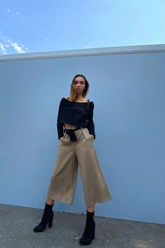 Beige High Waist Self-Tie Belt Detail Flare Capri Pants /1-3-2 - Tasha Apparel Wholesale