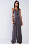 Dark Olive Chic Satin Sleeveless Mesh Hem V-Neck Wide Leg Jumpsuit /1-2-2-1 - Tasha Apparel Wholesale