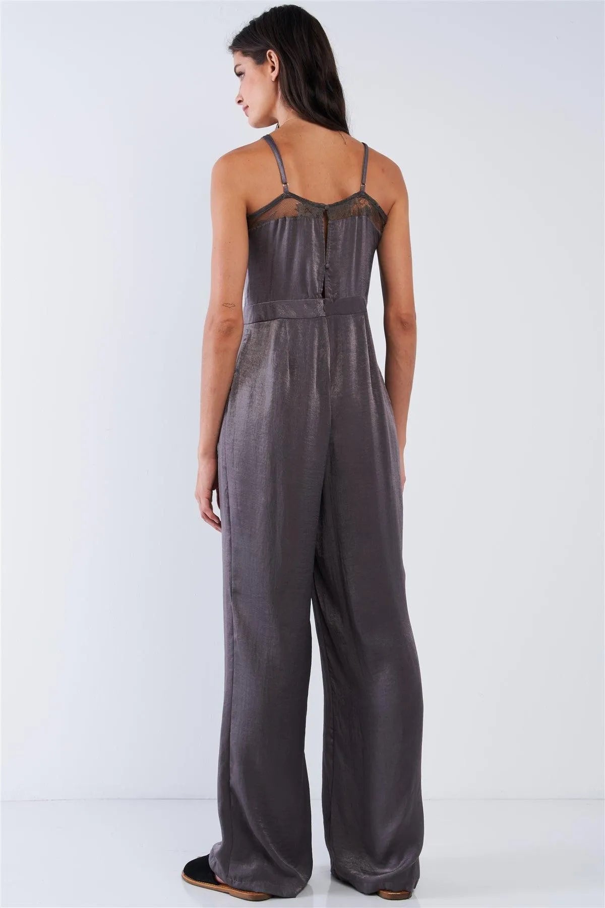 Dark Olive Chic Satin Sleeveless Mesh Hem V-Neck Wide Leg Jumpsuit /1-2-2-1 - Tasha Apparel Wholesale