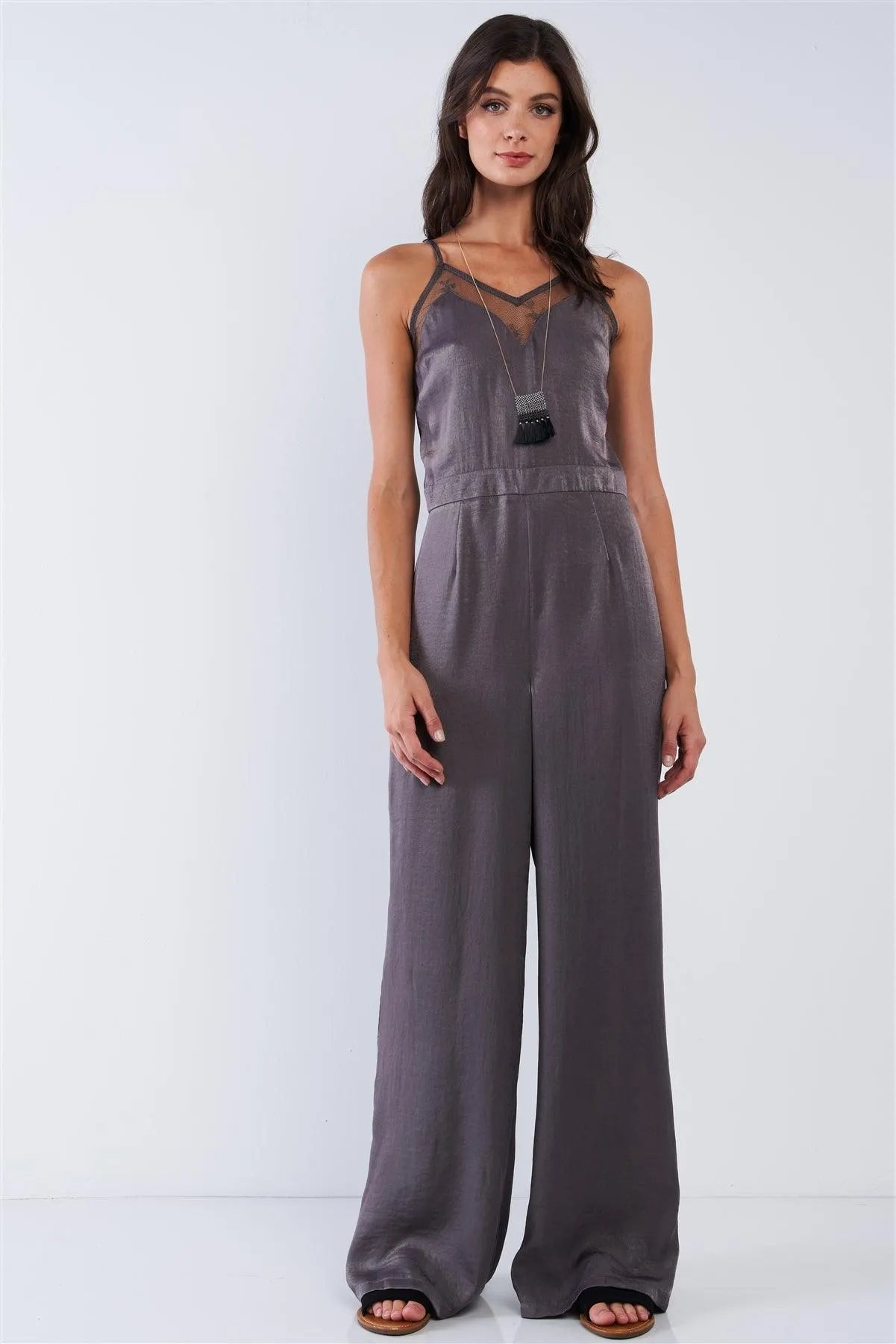 Dark Olive Chic Satin Sleeveless Mesh Hem V-Neck Wide Leg Jumpsuit - Tasha Apparel Wholesale