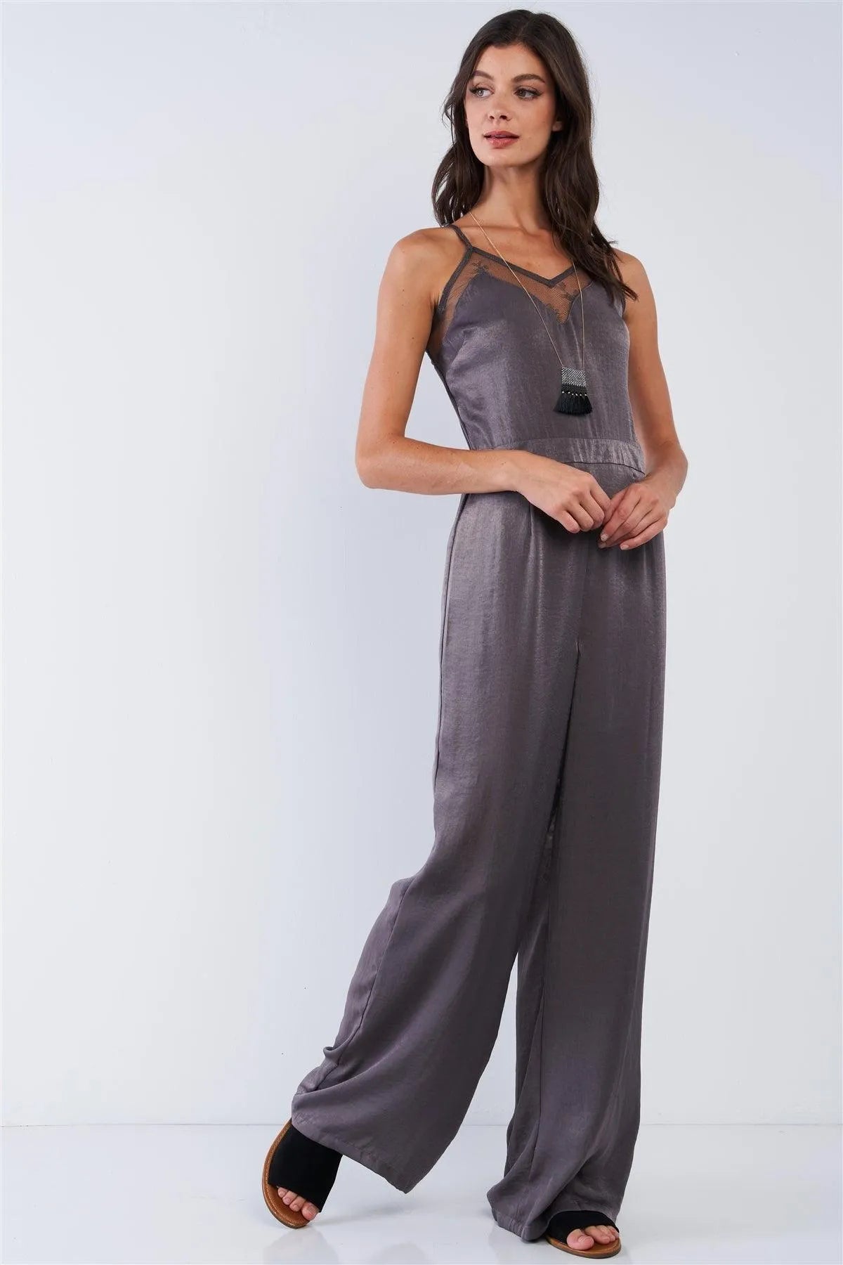 Dark Olive Chic Satin Sleeveless Mesh Hem V-Neck Wide Leg Jumpsuit - Tasha Apparel Wholesale