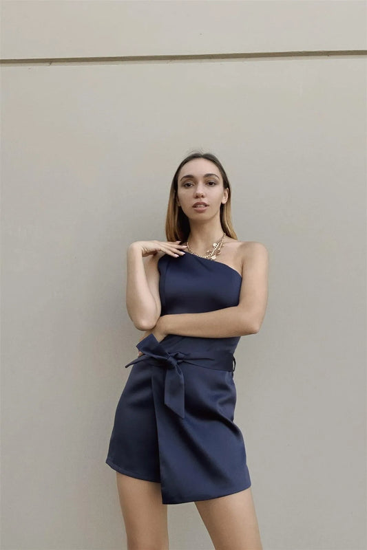 Navy Satin One Shoulder Self-Tie Wrap Skort Romper - Tasha Apparel Wholesale
