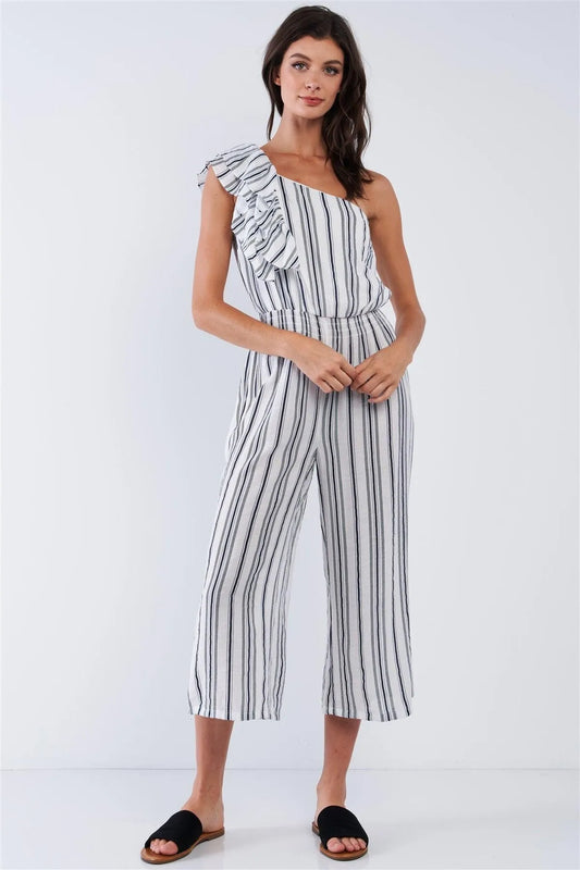 Navy Blue And White Vertical Multi Stripe Print One-Shoulder Ruffle Hem Wide Leg Jumpsuit /1-2-2-1 - Tasha Apparel Wholesale