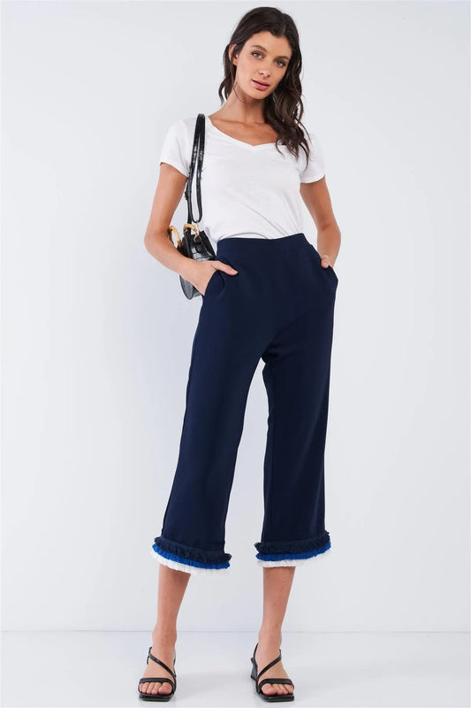 Deep Blue High Waist Layered Multicolor Shredded Hem Wide Leg Capri Pants With Front Pockets /1-2-2-1 - Tasha Apparel Wholesale