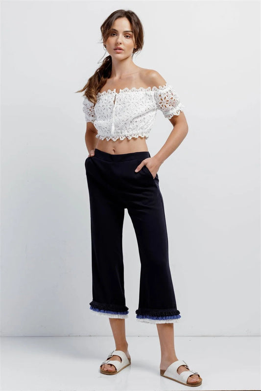 Deep Blue High Waist Layered Multicolor Shredded Hem Wide Leg Capri Pants With Front Pockets /2-2-2 - Tasha Apparel Wholesale