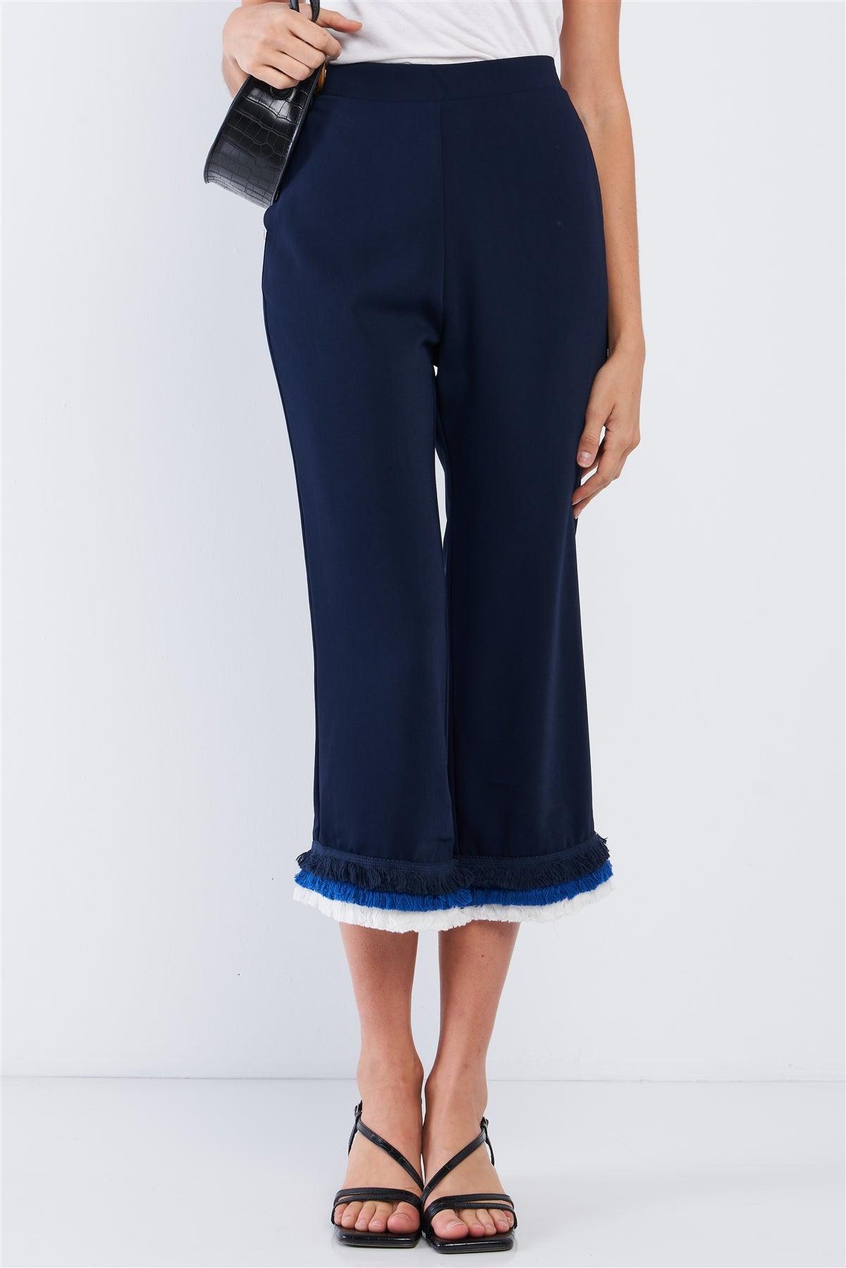 Deep Blue High Waist Layered Multicolor Shredded Hem Wide Leg Capri Pants With Front Pockets /2-2-2
