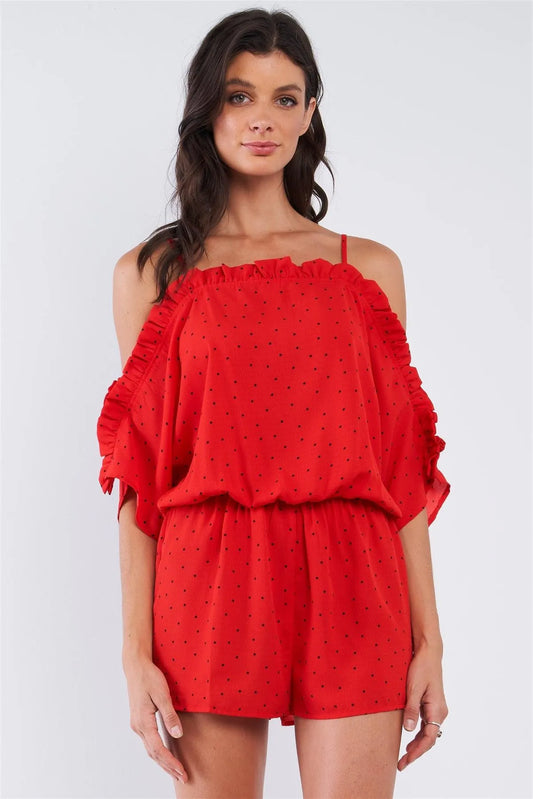 Red Black Polka-Dot Square Neck Cold Shoulder Ruffle Hem Detail Romper /1-2-2-1 - Tasha Apparel Wholesale