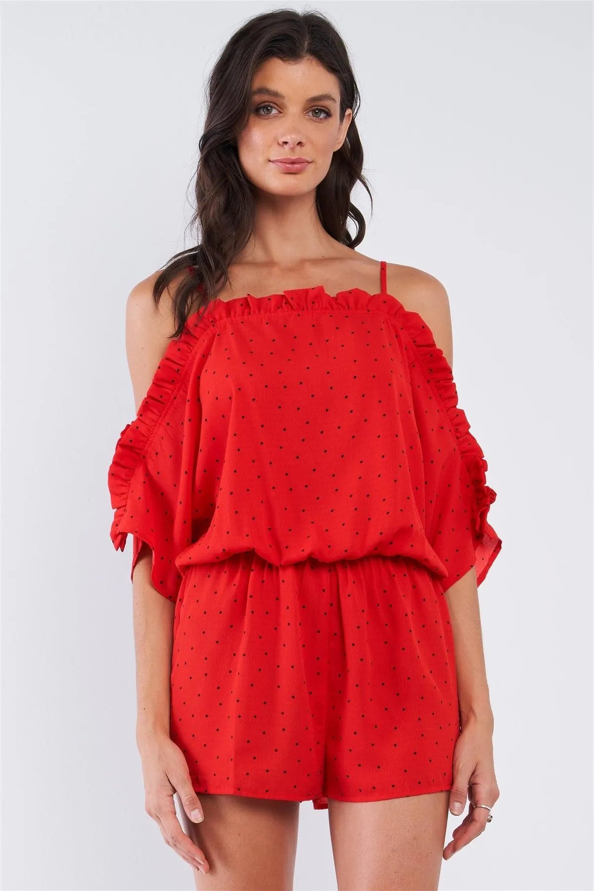 Red Black Polka-Dot Square Neck Cold Shoulder Ruffle Hem Detail Romper /1-1-3-1 - Tasha Apparel Wholesale