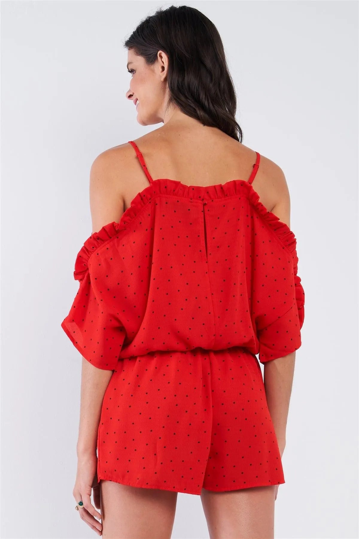 Red Black Polka-Dot Square Neck Cold Shoulder Ruffle Hem Detail Romper /1-1-3-1 - Tasha Apparel Wholesale