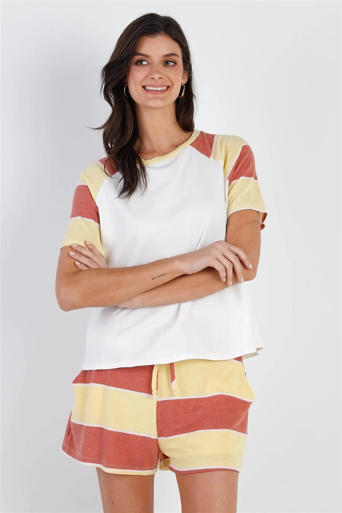 Rust & Yellow Stripe Shorts /2-1-2 - Tasha Apparel Wholesale