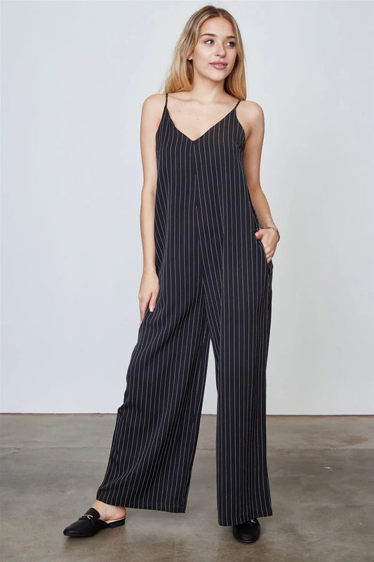 Black Pinstripe Wide Leg Jumpsuit /3-2-1 - Tasha Apparel Wholesale