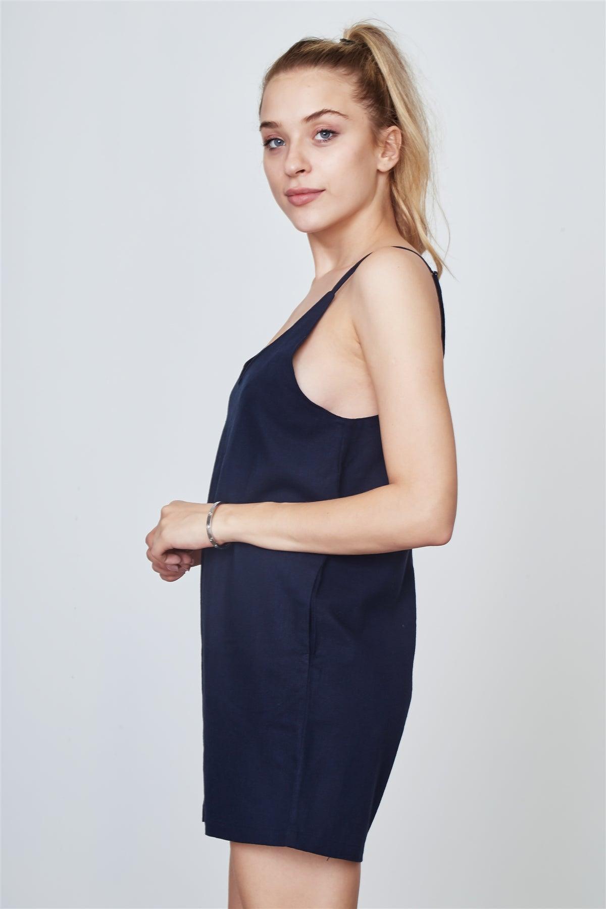 Navy Side Pockets Solid Casual Romper /2-2-2