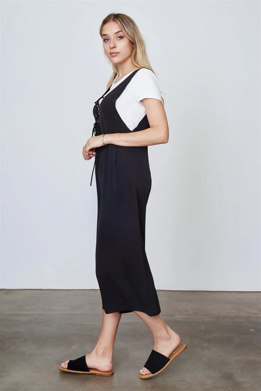 Boho Black Lace Up V-neck Harem Jumpsuits /3-1-1 - Tasha Apparel Wholesale