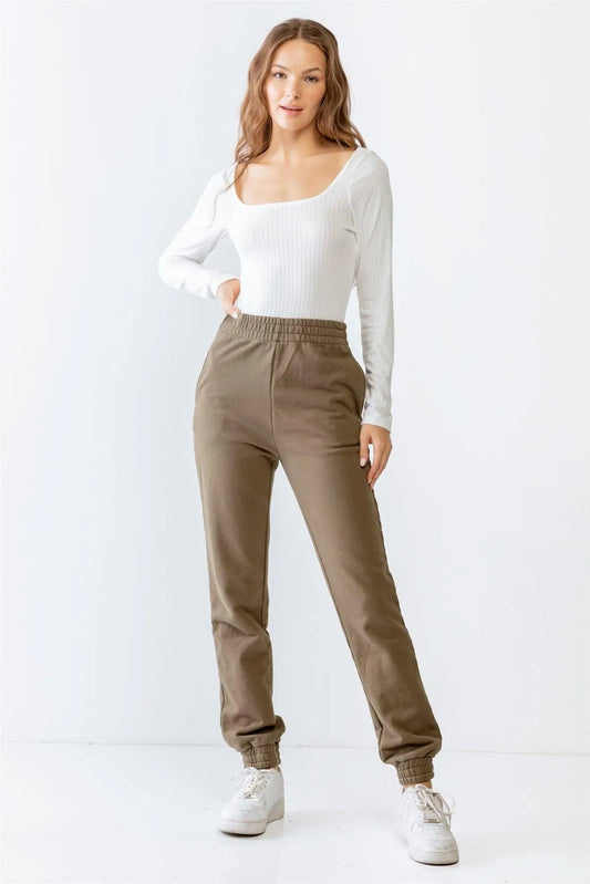Olive Two Pocket Elasticized High Waist Jogger Pants S-M-L/2-2-2 - Tasha Apparel Wholesale