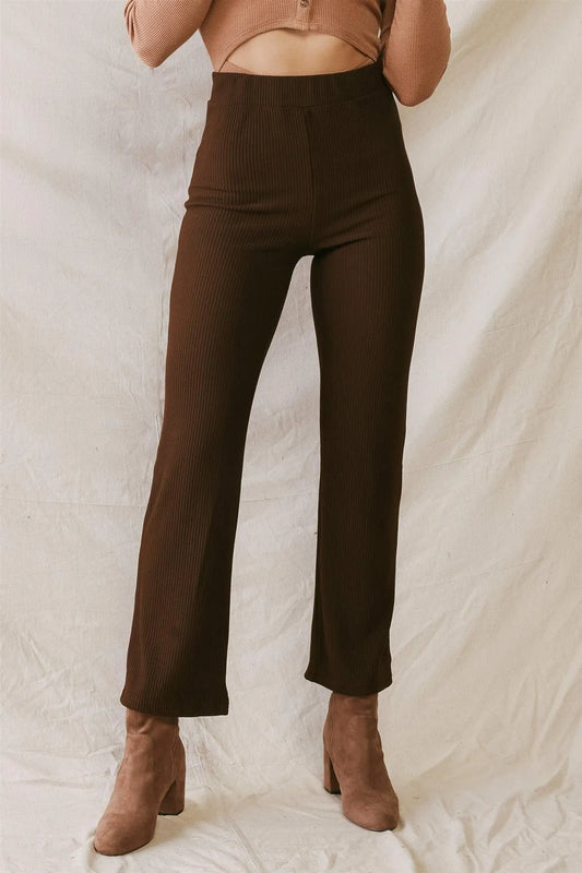 Brown Ribbed High Waist Fitted Pants /3-2-1 - Tasha Apparel Wholesale