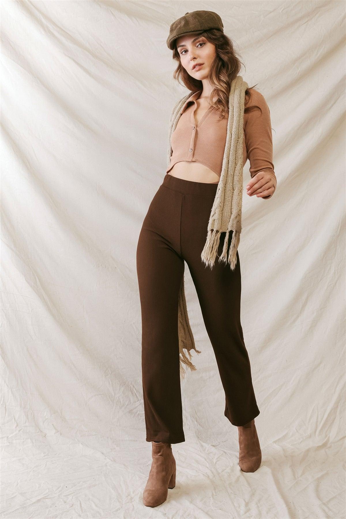 Brown Ribbed High Waist Fitted Pants /3-2-1