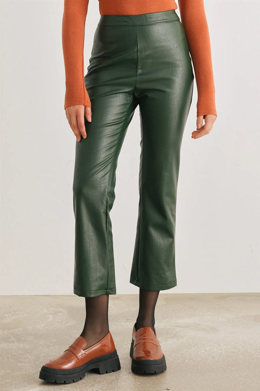 Dark Green Faux Leather High Waist Pants /2-2-2 - Tasha Apparel Wholesale