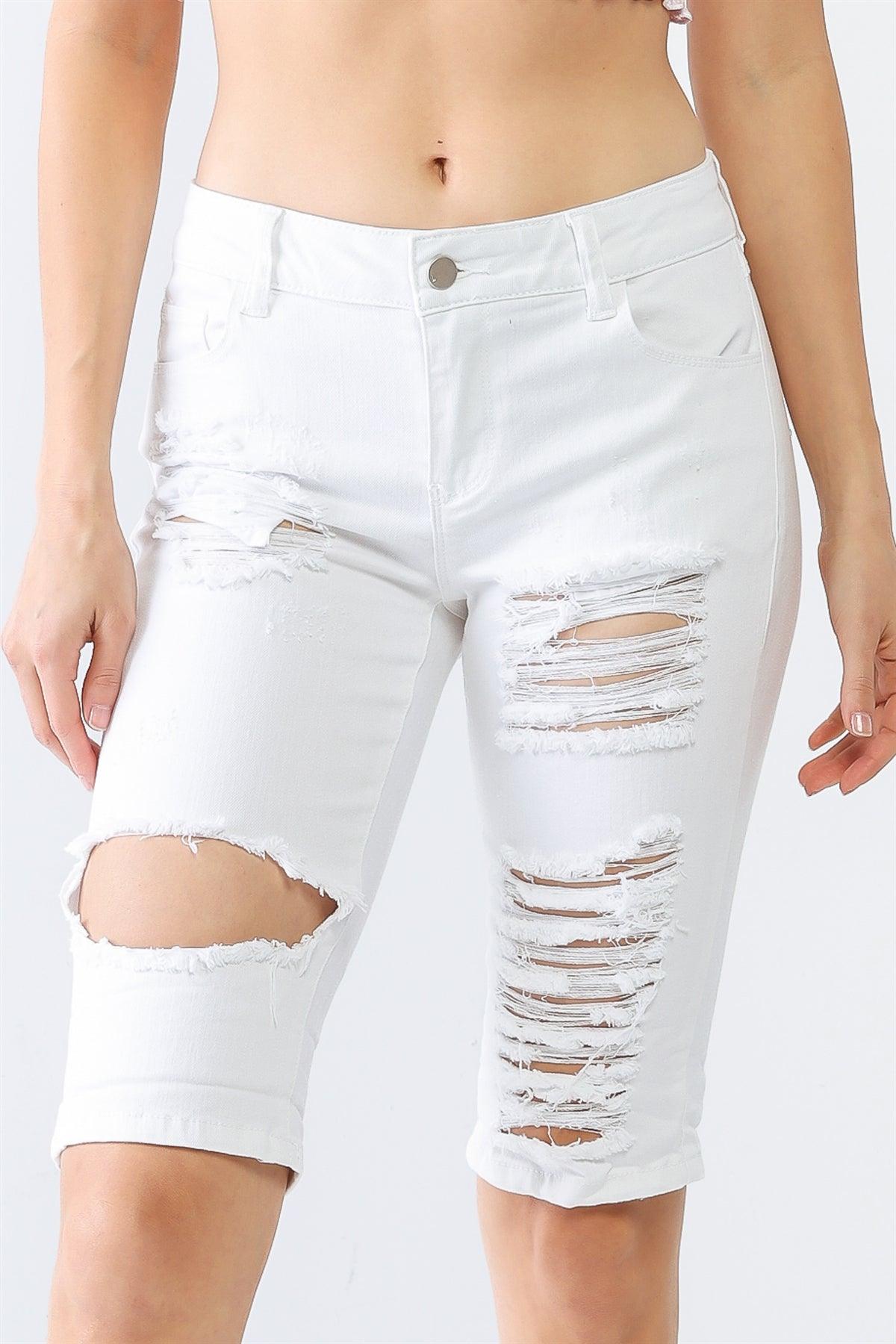 White Denim Cotton Distressed Five Pocket Capri Pants