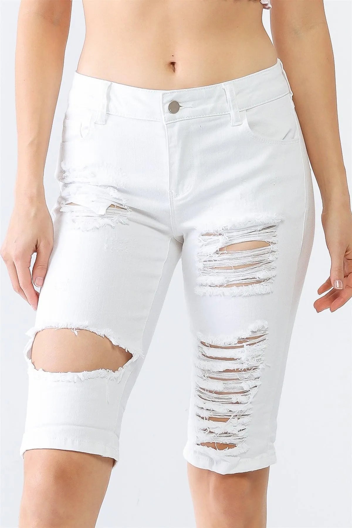Denim Cotton Distressed Five Pocket Capri Jeans - Tasha Apparel Wholesale