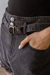 Washed Black Denim Cotton High Waist Belted Raw Hem Shorts /1-2-2-1 - Tasha Apparel Wholesale