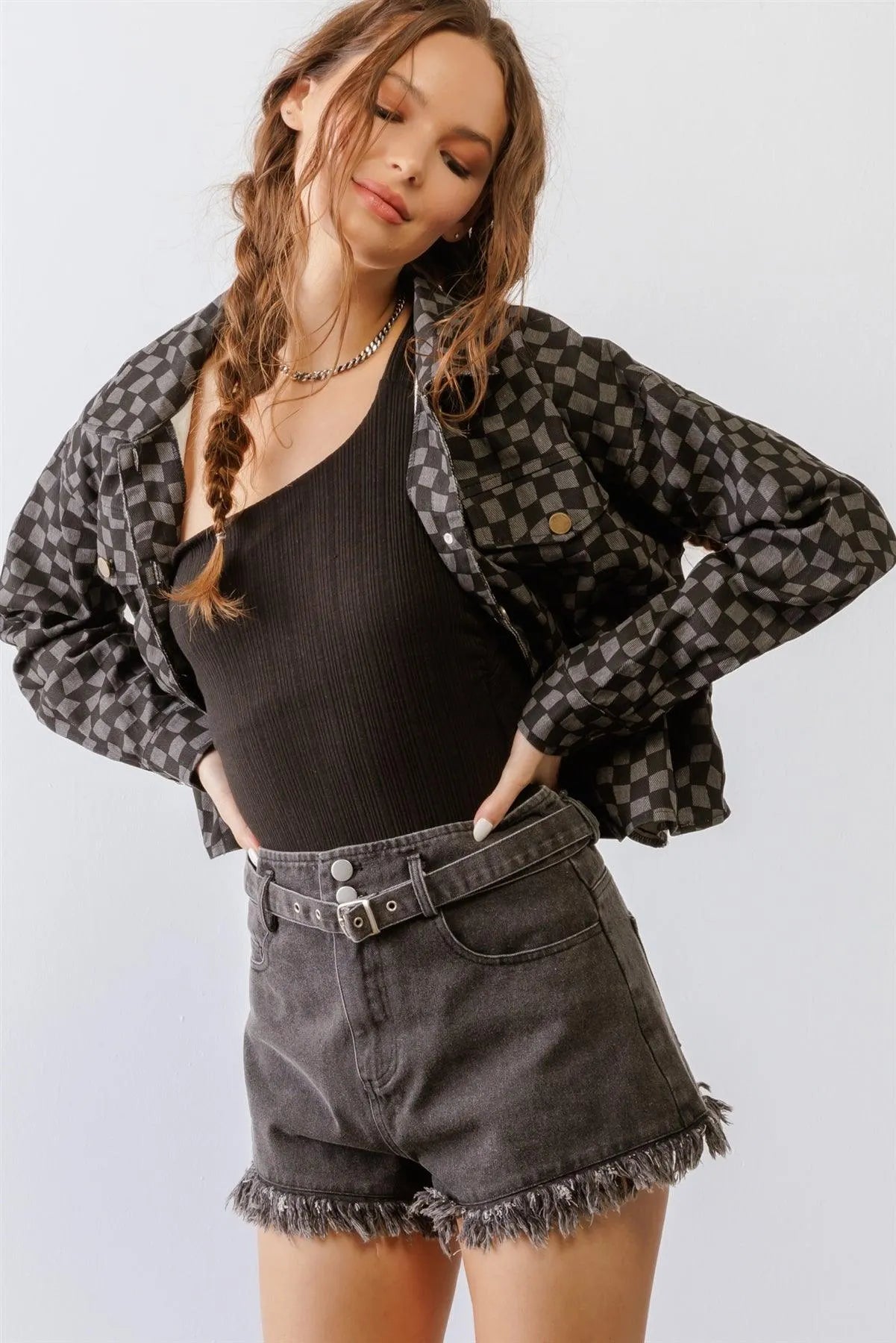 Washed Black Denim Cotton High Waist Belted Raw Hem Shorts /1-2-2-1 - Tasha Apparel Wholesale