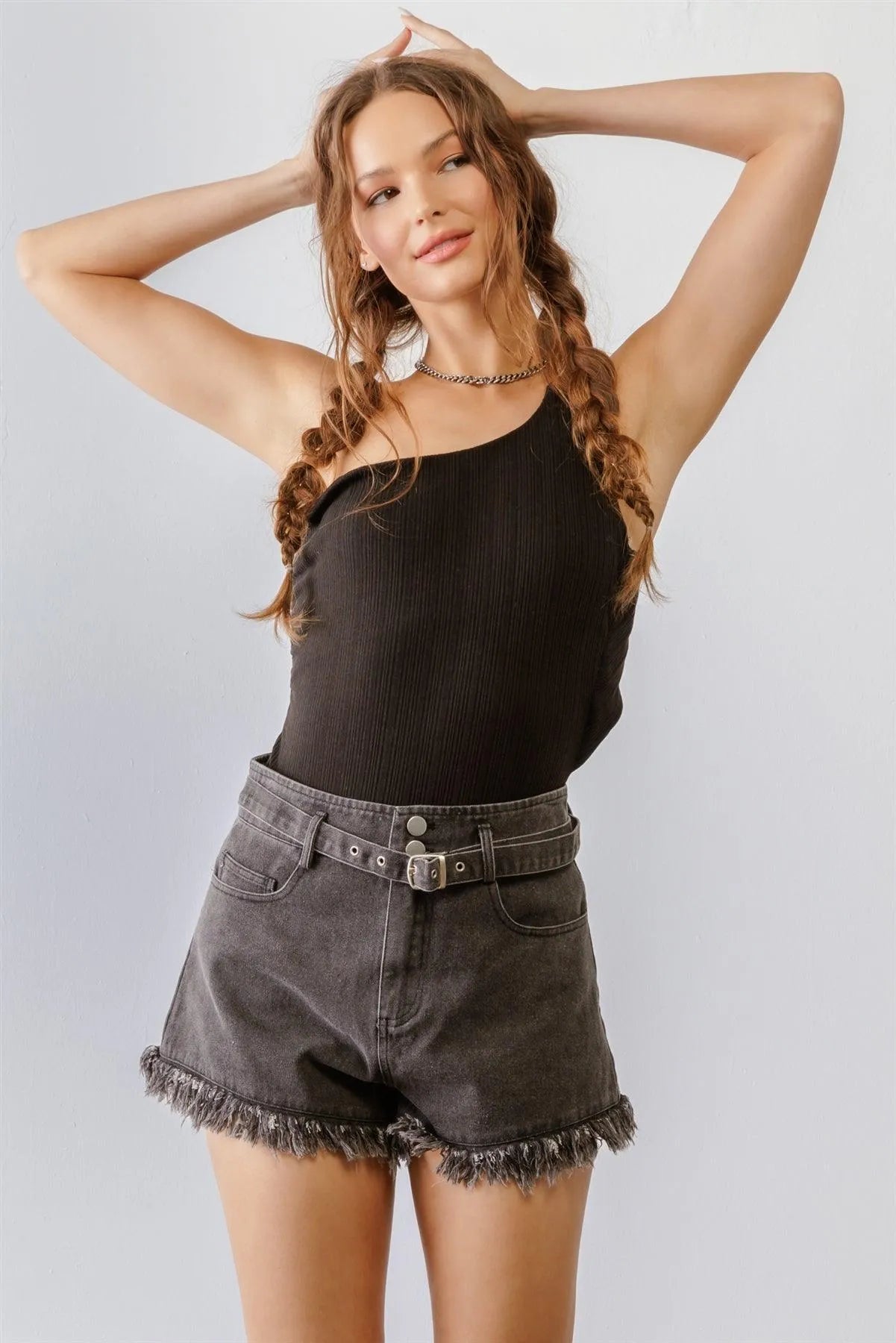 Washed Black Denim Cotton High Waist Belted Raw Hem Shorts /1-2-2-1 - Tasha Apparel Wholesale