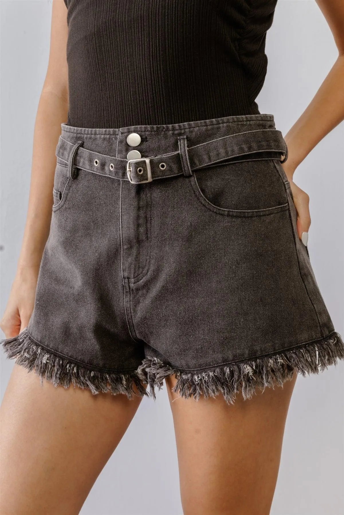 Washed Black Denim Cotton High Waist Belted Raw Hem Shorts /1-2-2-1 - Tasha Apparel Wholesale