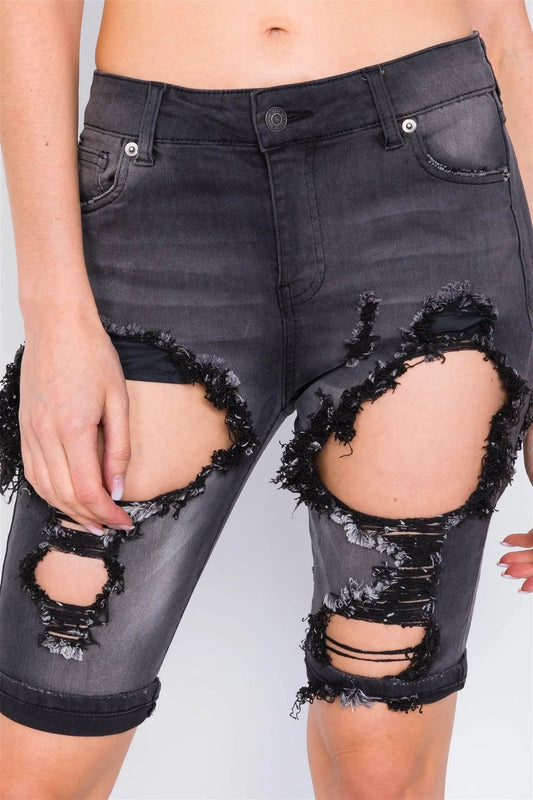 Black Denim Acid Washed Cotton Rolled Hem Bermuda Shorts /3-2-1 - Tasha Apparel Wholesale