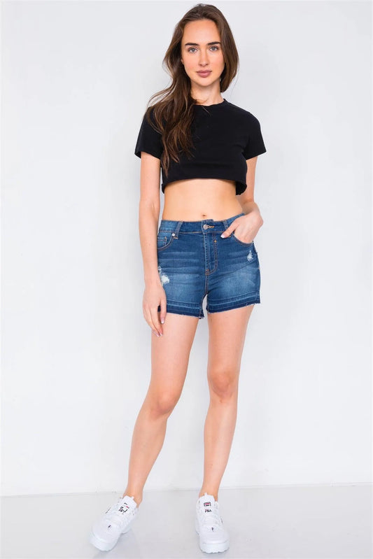 Medium Denim Acid Washed Cotton Raw Hem Shorts /3-2-1 - Tasha Apparel Wholesale