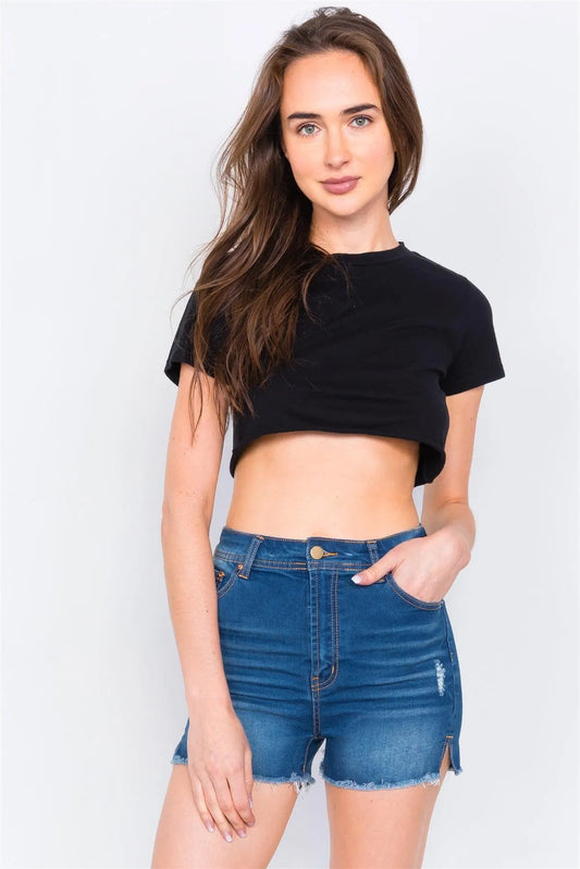 Dark Denim Acid Washed Cotton Raw Hem Casual Shorts /2-2-1-1 - Tasha Apparel Wholesale