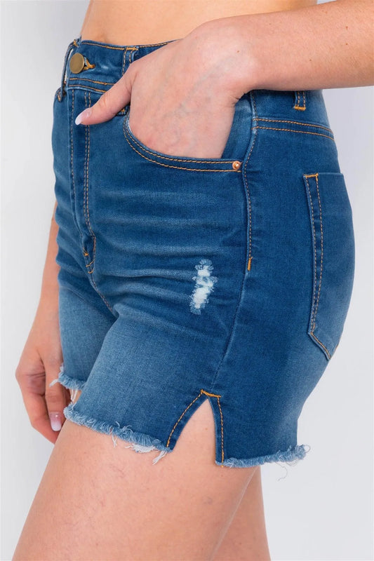 Dark Denim Acid Washed Cotton Raw Hem Casual Shorts - Tasha Apparel Wholesale