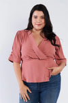 Junior Plus Size Mauve Pink V-Neck Mock Side Button Peplum Top /2-2-2 - Tasha Apparel Wholesale