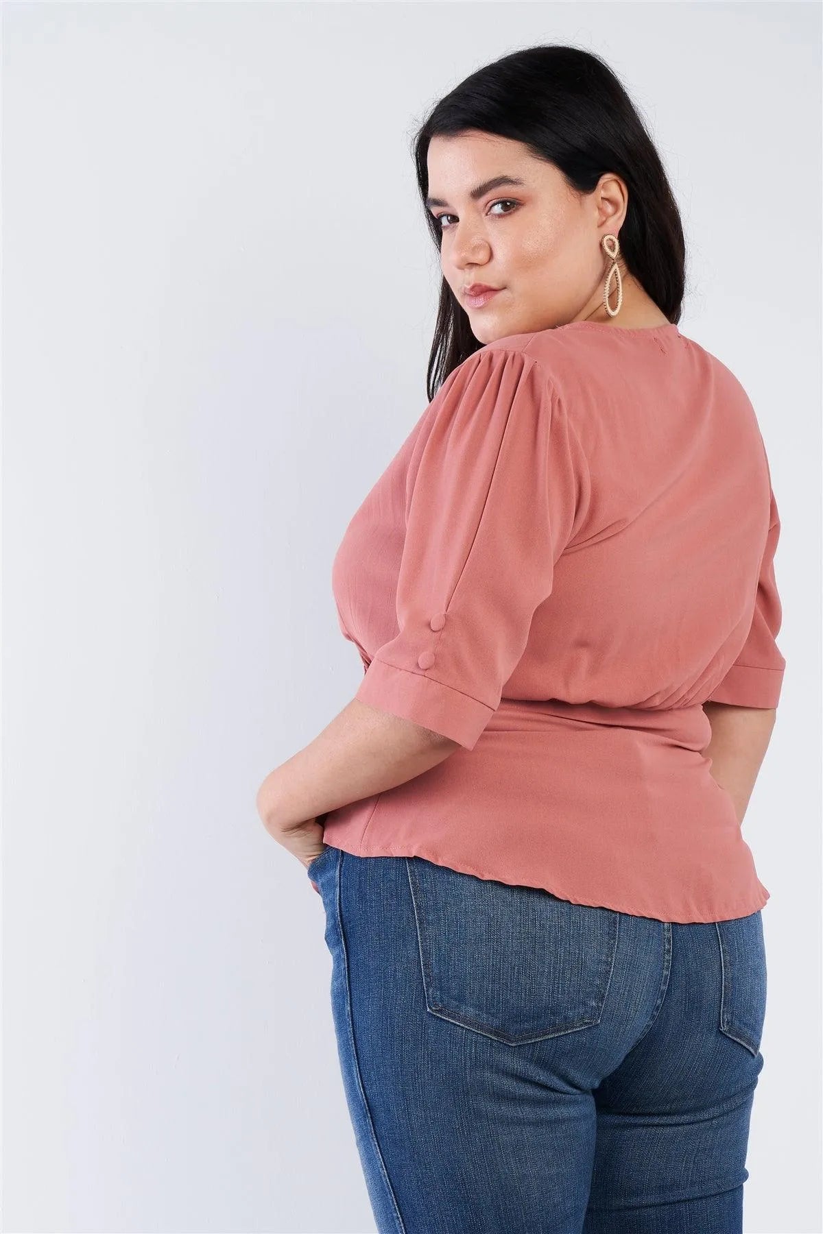 Junior Plus Size Mauve Pink V-Neck Mock Side Button Peplum Top /2-2-2 - Tasha Apparel Wholesale