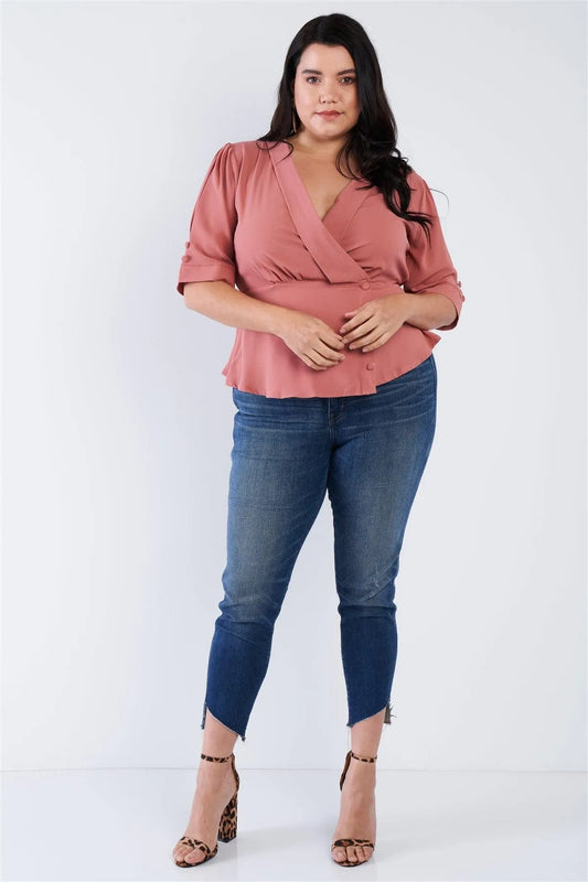 Junior Plus Size Mauve Pink V-Neck Mock Side Button Peplum Top /2-3-1 - Tasha Apparel Wholesale