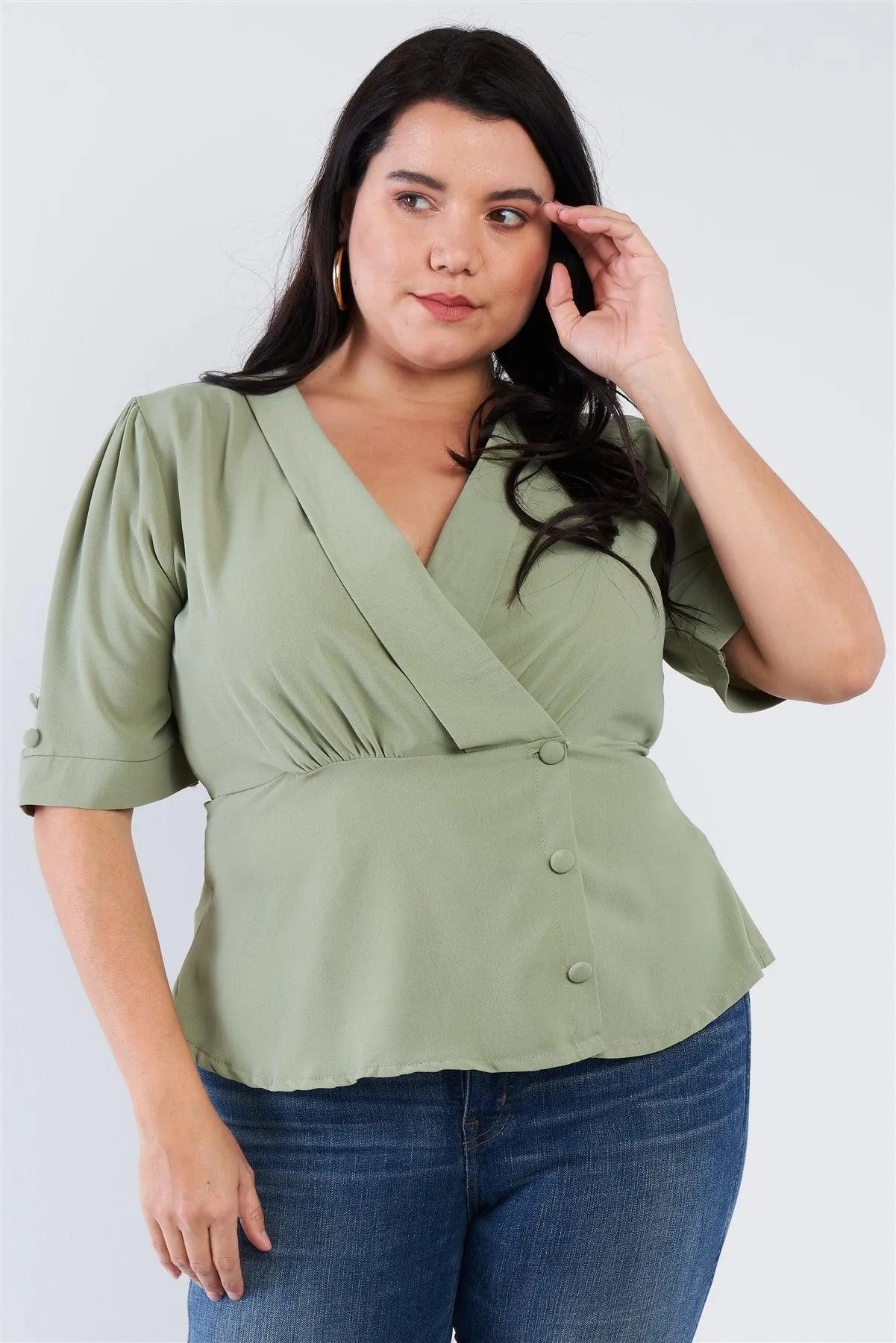 Junior Plus Size Sage Green V-Neck Mock Side Button Peplum Top /2-2-2 - Tasha Apparel Wholesale