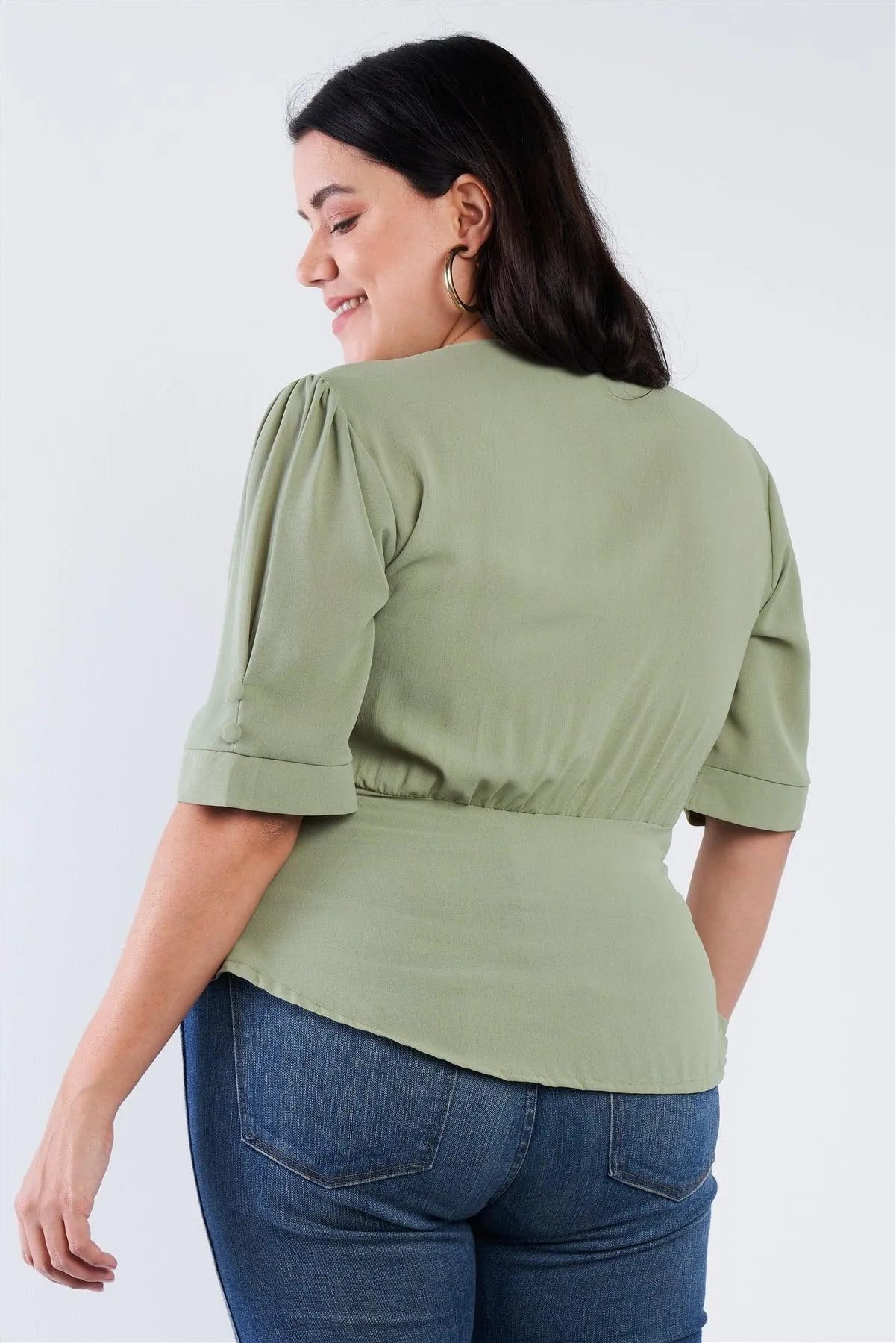 Junior Plus Size Sage Green V-Neck Mock Side Button Peplum Top /2-2-2 - Tasha Apparel Wholesale