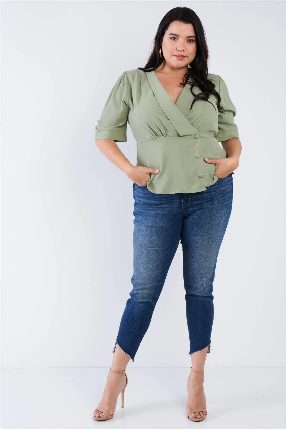 Junior Plus Size Sage Green V-Neck Mock Side Button Peplum Top /2-2-2 - Tasha Apparel Wholesale